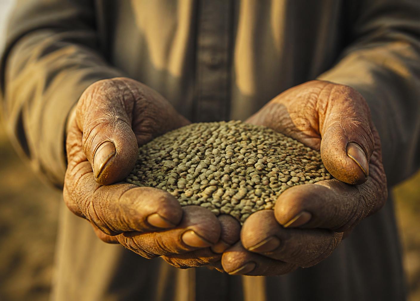A farmer's hands cupping raw lentils